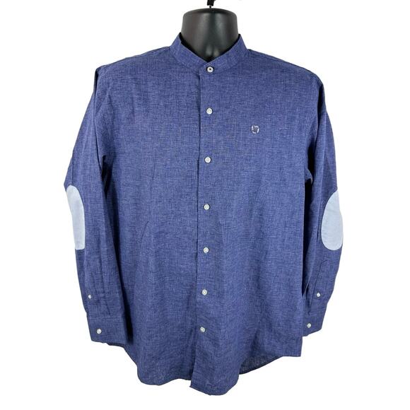 Lands End Linen Blend Longsleeve Band Collar Dress Shirt Size 15.5 x 33 Blue - Picture 1 of 11